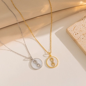Luxe stainless steel necklaces with gold and silver finishes and zircon infinity pendants