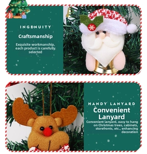 Detail of Christmas felt ornaments with Santa Claus, reindeer figures and gold bells