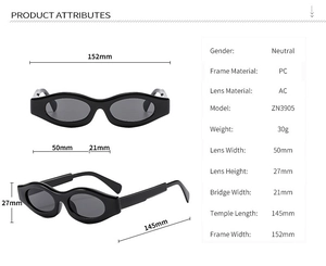 Detaillierte Maßtabelle für Retro-Sonnenbrillen in Schwarz mit Rahmenparametern und Gewicht