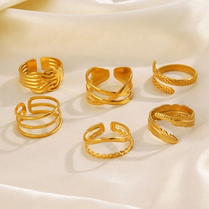 Set of 6 gold plated stainless steel rings featuring geometric crossover and twisted designs