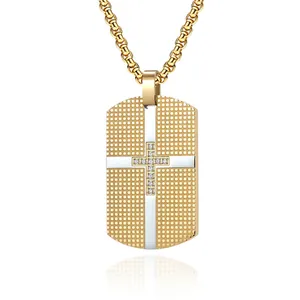 Men Stainless Steel Dog Tag Pendant Necklace With Grid Pattern Zirconia Inlaid Cross Religious Punk Style Jewelry