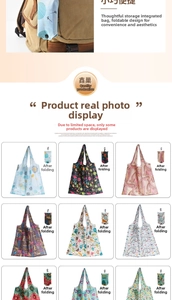 Foldable polyester shopping bag with various prints showing compact folded size and wide handle