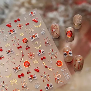 5D Embossed Nail Art Stickers Chinese New Year Lion Dance Fireworks Red Gold Festive Design DIY Manicure Decor