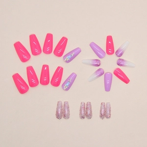 Long ballerina press-on nails with rose pink, purple gradient and rhinestone accents