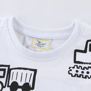Boys white cotton short sleeve T-shirt with black outline construction vehicle pattern