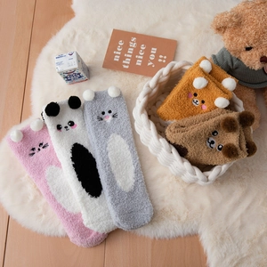 Cozy winter coral fleece socks set with cute 3D cartoon animal ears and embroidery