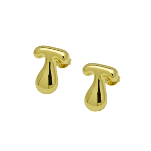 Close-up of polished gold bubble letter T hoop earrings with a shiny metallic finish