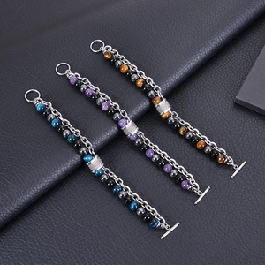Men's stainless steel bead bracelets with tiger eye stones and OT toggle clasp