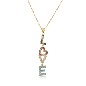 Golden necklace featuring a vertical LOVE pendant with colorful heart-shaped zircons