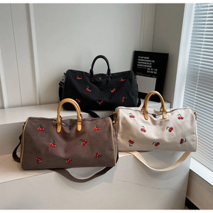 Women Cherry Embroidery Canvas Travel Bag Large Capacity Duffle Bag Casual Weekend Bag With Adjustable Shoulder Strap