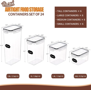 Infographic of 24pcs airtight food storage set with four container sizes and specs