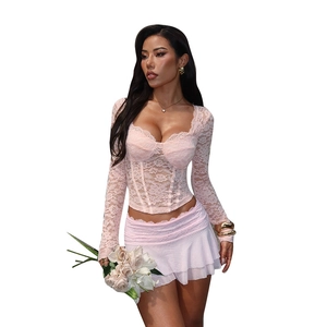 Pink lace long sleeve corset top and pleated mini skirt set with floral accent