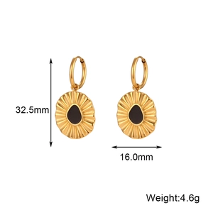 Golden sunburst drop earrings with black center and size dimensions of 32.5mm by 16.0mm
