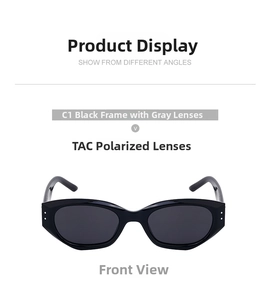 Front view of black cat-eye sunglasses featuring TAC polarized lenses and metal rivets