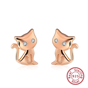 925 Sterling Silver Cat Stud Earrings With Zirconia Eyes For Women Minimalist Animal Jewelry Electroplated Silver Rose Gold