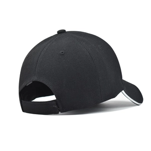 Detail view of the black baseball cap showing the adjustable velcro strap and contrast trim