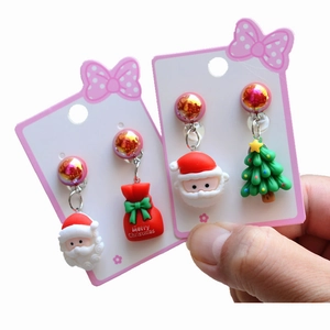 Cute Christmas clip-on earrings set with Santa, tree, and lucky bag for girls and kids