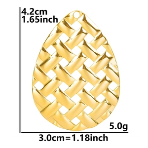 Detailed view of golden teardrop woven pendant with dimensions 4.2cm by 3.0cm