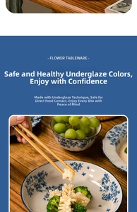 Detail showing underglaze floral ceramic tableware set with food-safe certification