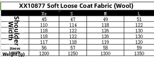 Detailed size chart for the elegant woolen coat with fabric weight and dimensions