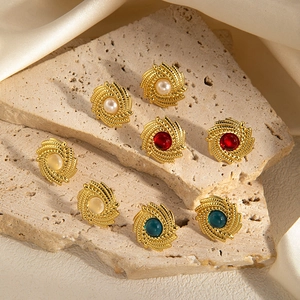 Vintage stainless steel round stud earrings set with colorful faux gemstone inlays