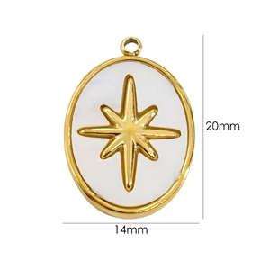 Detail shot of a 20x14mm gold-plated star pendant with white shell inlay for DIY jewelry