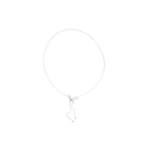 Elegant thin necklace with butterfly pearl pendant and dangling chains on white background