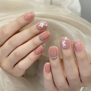 Press On Nails Handmade Pink Gradient White Hand Painted Flowers Rhinestones Artificial Pearls Square Round Shape For Women