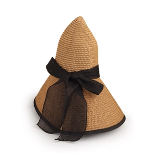 Detail of hand-woven straw hat featuring a large black mesh bow and vintage brim