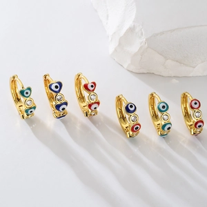 Evil Eye Huggie Hoop Earrings Copper Gold Plated Enamel Heart Shape Cubic Zirconia Bohemian Fashion For Women