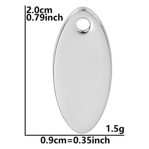 Detailed size chart of silver oval stainless steel pendant with dimensions in inches and cm