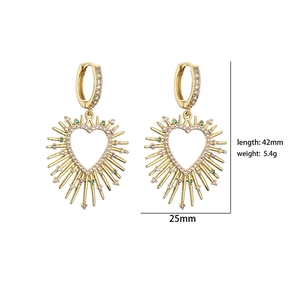 Golden heart earrings with zircon spikes, 42mm length, pink and purple crystal accents