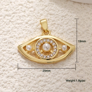 Detailed view of evil eye charm with dimensions 19x25mm and weights 1.8g on white background