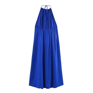Abito midi blu reale con scollo all'americana plissettato e schiena scoperta