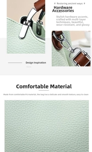 Detailed view of light green PU leather handbag with silver hardware and litchi texture