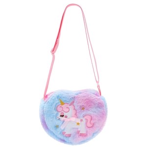 Close-up of heart-shaped plush crossbody bag with unicorn embroidery and pink bow detail