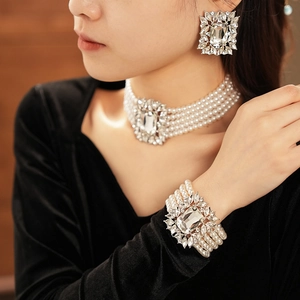 Detailed view of luxury multi-layer pearl necklace and crystal jewelry set on model