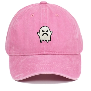 Detailed close-up of pink washed cotton baseball cap with white ghost embroidery