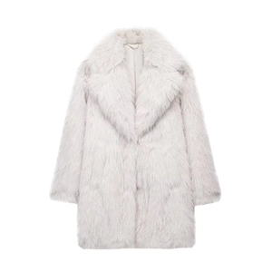 Close-up of fluffy faux fur texture and elegant lapel on long pale grey winter coat
