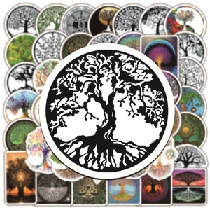 Flat lay of colorful Tree of Life stickers for laptop and luggage decoration