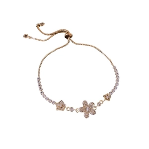 French style gold flower bracelet with zircon inlay and adjustable pull-string clasp