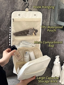 Large beige hanging travel toiletry bag with waterproof TPU pockets and hook