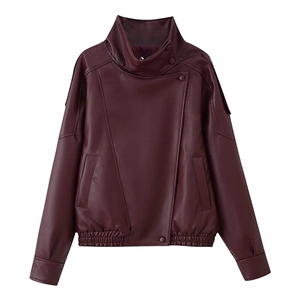Women's burgundy faux leather motorcycle jacket with stand collar and asymmetric closure