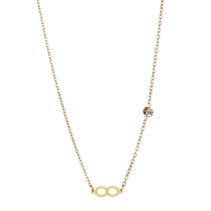 Detail of infinity symbol pendant in gold with a clear zircon on a delicate chain
