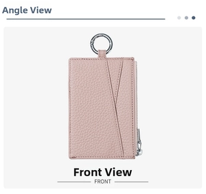 Close-up of pink litchi grain leather wallet with dual card slots and silver zipper detail