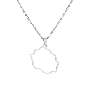 Detailed close-up of a silver Reunion Island silhouette pendant with O-chain link