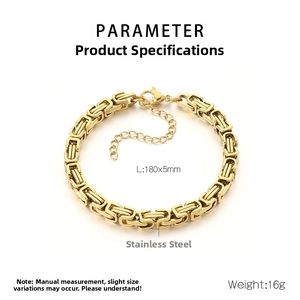 Detailed close-up of 18K gold-plated stainless steel Byzantine chain bracelet with dimensions