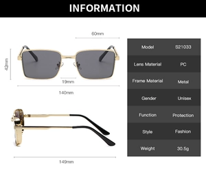 Detailed size specifications for square metal sunglasses with precise frame measurements