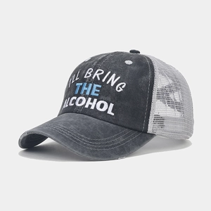 Detail of grey washed ponytail truck hat with embroidered I'LL BRING THE ALCOHOL text