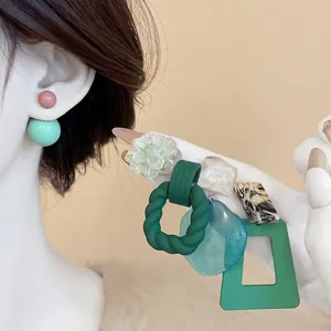 Chic green acrylic drop earring set with resin floral and geometric charms for women